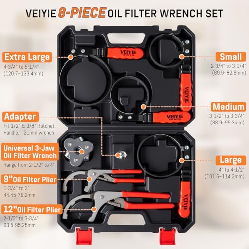 8-Piece Oil Filter Wrench Set, Oil Filter Removal Tool Cover 2-3/4" to 5-1/4", 9" & 12" Adjustable Oil Filter Pliers, Universal 3-Jaw Fuel Filter Wrench & Adapter for Car, Truck, Motorcycle - style: 8-Piece Universal Oil Filter Wrench Set