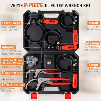 8-Piece Oil Filter Wrench Set, Oil Filter Removal Tool Cover 2-3/4" to 5-1/4", 9" & 12" Adjustable Oil Filter Pliers, Universal 3-Jaw Fuel Filter Wrench & Adapter for Car, Truck, Motorcycle - style: 8-Piece Universal Oil Filter Wrench Set