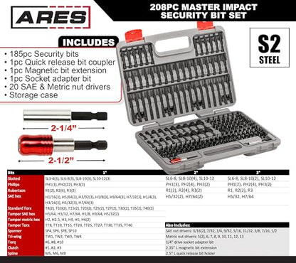 ARES 31023-208-Piece Impact Security Bit Set – Phillips, Robertson, Tamper Hex and Torx Bits, Specialty Bits, and More – Master Bit Set Includes Nut Drivers, Socket Adapters, and Extensions - size: 208-Piece Impact Security Bit Set