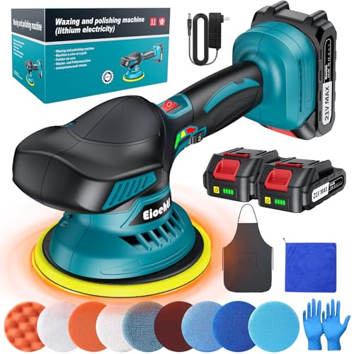 Cordless Car Buffer Polisher Kit, 6" Dual Action Random Orbital Polisher, 6 Variable Speed (1600–5500 RPM) 2×21V 2000mAh Rechargeable Batteries, 13 PCS Polishing & Waxing Attachments for Car Detailing