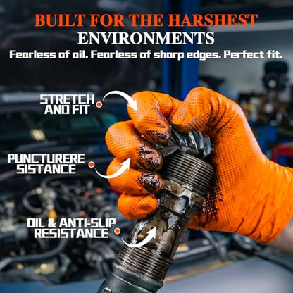 ANBOSON 10mil Nitrile-Gloves Disposable-Orange Chemical-Resistant Rubber - Mechanic Gloves Heavy Duty, Latex Free, Diamond Grip (100, Medium) | Diamond Grip,Latex Free,Chemical Resistant Disposable Thick Rubber Gloves for Auto Repair, Industrial, Food, Wo