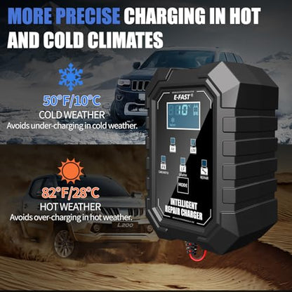 E-FAST 1.5A Smart Car Battery Charger,Lifepo4 Lead Acid 6V and 12V Automotive Charger,Automobile Trickle Charger,All in 1 Battery Maintainer,for Motorcycle AGM Lawn Mower Boat Marine Batteries