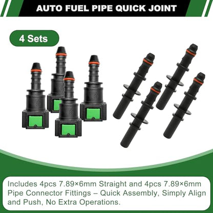 Fuel Line Quick Connect Set, 4 Sets Fuel Line Hose Quick Release Connect Fittings Include Straight Pipe Connector SAE 7.89mm to ID 6mm - color: 4 Sets Fuel Line Quick Connect SAE 7.89mm to ID 6mm