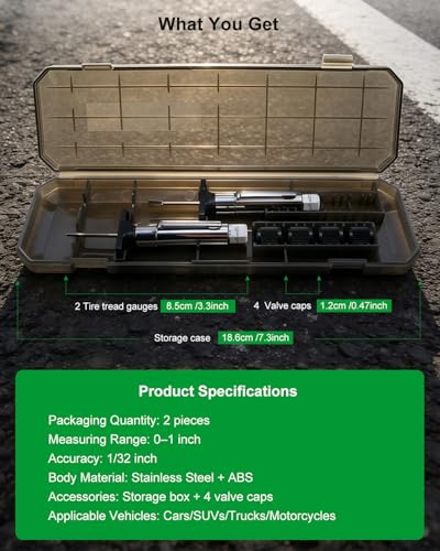 GODESON 2-Pack Tire Tread Depth Gauge 32nds, Color Coded 1/32 Inch Tread Checker with Pocket Clip, Storage Case & 4 Valve Caps for Car, SUV, Truck, Motorcycles Tire Wear