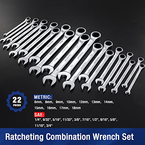 WORKPRO 22-Piece Ratcheting Combination Wrench Set, 72 Teeth, Combo Ratchet Wrenches Set with Organizer Box, Metric 6-18mm & SAE 1/4-3/4" - style: Regular & Polished