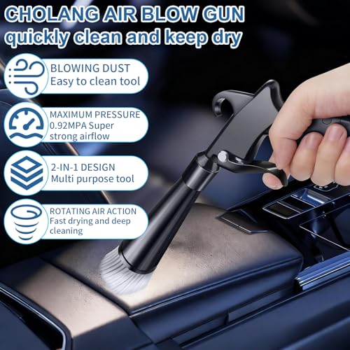 Detailing Car Cleaning Gun Interior Dryer Air Blow Gun, High Pressure Blower Gun with 5 Pcs Brushes for Auto Carpet Seats Dashboard Console Cleaning