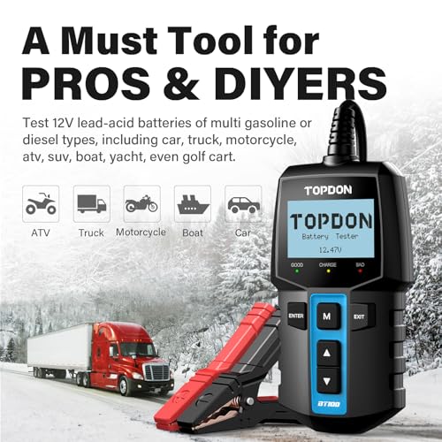TOPDON BT100 Car Battery Tester 12V Load Tester, 100-2000 CCA Automotive Alternator Tester Digital Auto Battery Analyzer Charging Cranking System Tester for Car Truck Motorcycle ATV SUV Boat Yacht