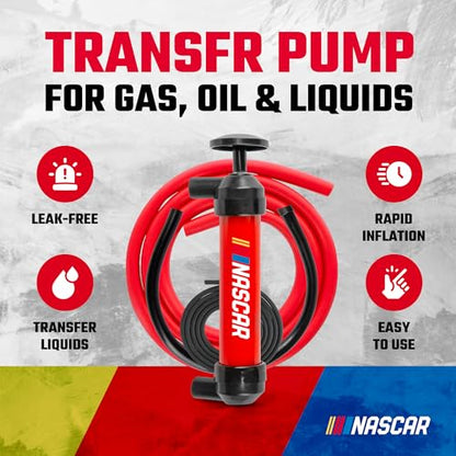 NASCAR Transfer Pump, Multi-Use Siphon Fuel Transfer Pump Kit for Gas Oil and Liquids, Leak-Free Gasoline Portable Fluid Transfer & Air Pump Kit for Water, Tires & More, Red & Black