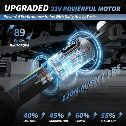 AwxryoX 3/8" Cordless Ratchet Wrench, 120N.m (89 FT-LBS) 21V Brushless Power Ratchet Driver, Electric Ratchet Tool, 2×2.0Ah Batteries, 300RPM Variable Speed, 8 Sockets, 1/4" Adapter & 3" Extension Bar