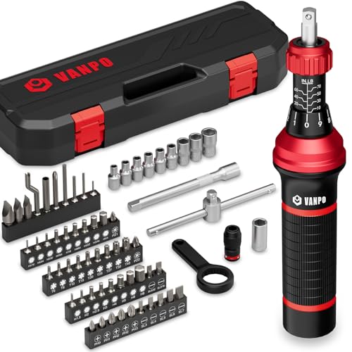 VANPO Torque Screwdriver, 10-70 In-lb, 64 Piece, Click Style for Gunsmith | 1 in-lb Increment, Grip ergonomics, 1/4 Inch Torque Wrench Screwdriver Set with S2 Bits for Electronics,Bike & Mounting