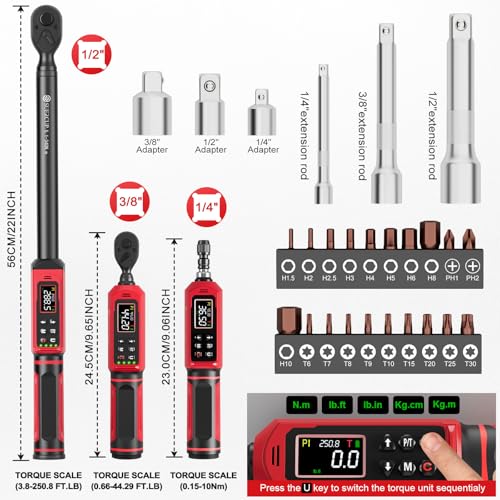 SUERCUP 1/4"&3/8"&1/2" Digital Torque Wrench Set, ±1% accuracy | 0.15-10Nm&0.66-44.29Ft.Lb/0.9-60N.m&3.8-250.8Ft.Lb/5.1-340Nm, 9 presets, 5 units, for Truck, Auto, Moto, Bike, Electronics - size: 1/4"&3/8"&1/2" 0.15-10N.m&0.9-60N.m&5.1-340N.m