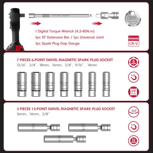 14-Piece 3/8" Digital Torque Wrench Spark Plug Socket Set | 4.2-85 N.m (3-62.6 Ft.lb) with Magnetic Swivel Sockets, LED & Buzzer Alerts, CR-V Steel for Automotive Engine Maintenance - size: 3/8" 14pcs-Spark 4.2-85N.m/3-62.6Ft.lb
