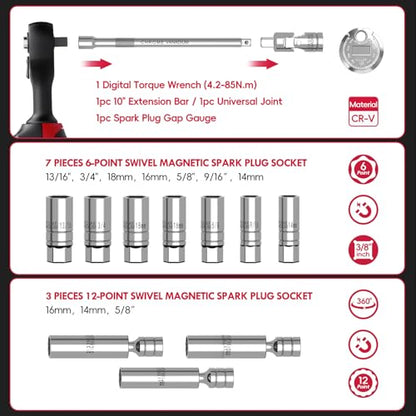 14-Piece 3/8" Digital Torque Wrench Spark Plug Socket Set | 4.2-85 N.m (3-62.6 Ft.lb) with Magnetic Swivel Sockets, LED & Buzzer Alerts, CR-V Steel for Automotive Engine Maintenance - size: 3/8" 14pcs-Spark 4.2-85N.m/3-62.6Ft.lb