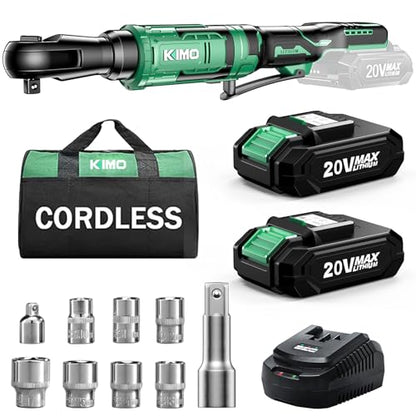 KIMO 20V Cordless Ratchet Wrench 3/8 Set, 74 Ft-lbs 400 RPM Electric Ratchet Wrench, Battery Powered Ratchet with 7 Sockets, 3" Extension Bar, 1/4" Adapter, 2-Pack Lithium-Ion Batteries, Fast Charger