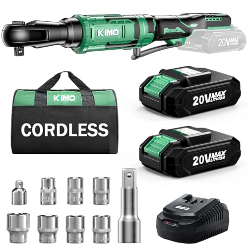 KIMO 20V Cordless Ratchet Wrench 3/8 Set, 74 Ft-lbs 400 RPM Electric Ratchet Wrench, Battery Powered Ratchet with 7 Sockets, 3" Extension Bar, 1/4" Adapter, 2-Pack Lithium-Ion Batteries, Fast Charger