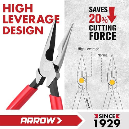 ARROW 6" High Leverage Needle Nose Pliers with Side Cutters, Long Nose Pliers for Gripping, Wire Bending, Cutting (Pack of 2) - size: 6 INCH (Pack of 2)