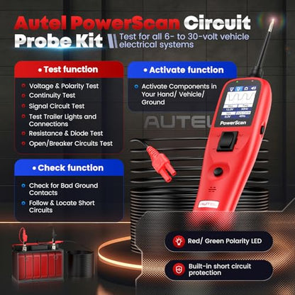 Autel PowerScan Automotive Circuit Tester, Power Circuit Probe Tool, 12-24V Electrical Short Open Breaker Circuit Finder, AC/DC Current Resistance, Duty Cycle, & 20FT Extension Cord, for 99% Cars