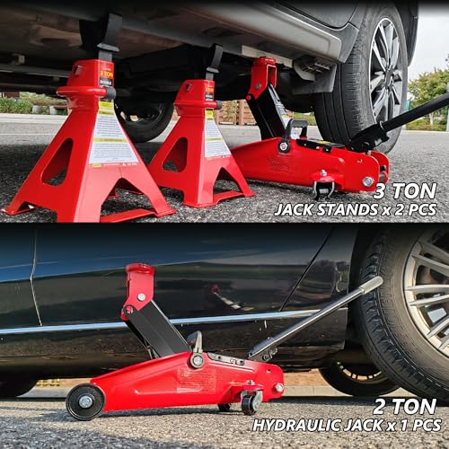 2 Ton (4000 lbs) Capacity Floor Jack Low Profile Garage Hydraulic Trolley Service Lift Floor Jack Combo with Ratchet 3 Ton Jack Stands for SUV, Car and Truck, Red - color: 2Ton with Jack stands+Tire repair kit Red