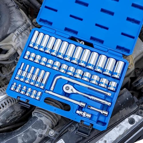 NEIKO 02512A 3/8” Drive Socket Set with Quick Release Ratchet (90 Tooth), 43 Piece Standard and Deep Metric Sizes, 6mm to 24mm, 6 Point, Universal Joint, 3/8” Extension Bars, Made with CR-V Steel - size: 3/8" Drive, style: Metric