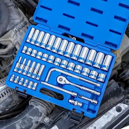 NEIKO 02512A 3/8” Drive Socket Set with Quick Release Ratchet (90 Tooth), 43 Piece Standard and Deep Metric Sizes, 6mm to 24mm, 6 Point, Universal Joint, 3/8” Extension Bars, Made with CR-V Steel - size: 3/8" Drive, style: Metric