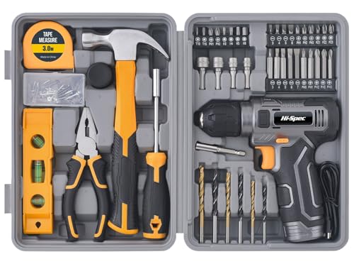 Hi-Spec 8V Cordless Drill Set & Household Tool Kit - USB Rechargeable, Gray | faster holes and screwdriving, bit accessories, portable carry storage, light-duty project control, home setup help, repairs - color: Gray, size: 47-Piece