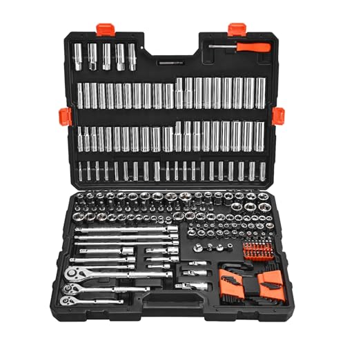 VEVOR Socket Set, 225 Pieces, 3/8 & 1/4 & 1/2 inch Drive Socket and Ratchet Set, SAE and Metric, Deep and Shallow, Mechanic Tool Kit with Bits, Accessories, Storage Case, CR-V Alloy Steel, for Repair - size: 1/4"&3/8"&1/2", style: 225 PCS