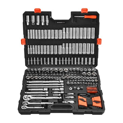 VEVOR Socket Set, 225 Pieces, 3/8 & 1/4 & 1/2 inch Drive Socket and Ratchet Set, SAE and Metric, Deep and Shallow, Mechanic Tool Kit with Bits, Accessories, Storage Case, CR-V Alloy Steel, for Repair - size: 1/4"&3/8"&1/2", style: 225 PCS