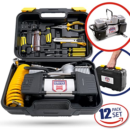 Tire Inflator Portable Air Compressor with Tire Repair Kit – Car Emergency Kit & 12V DC Dual Cylinder Air Pump for Cars, 150 PSI Tyre Pump with Tyre Pressure Gauge, and Car Accessories Air Pump