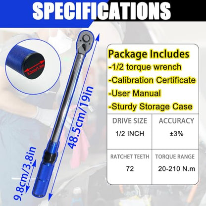 1/2-Inch Drive Click Torque Wrench, 20-210 N.m, 72-Tooth Dual-Direction Adjustable Torque Wrench with ±3% High Precision for Bicycle, Motorcycle, Car and Truck Maintenance