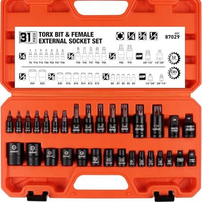 HORUSDY 31Pcs Torx Bit Socket Set,14 Star Bits (T8-T70) and 12 Female E-Torx Sockets (E4-E24), 4 Impact Socket Adapter Set with High Torque Laser Marked for Automotive Mechanic - style: 31PC Torx/Star Set