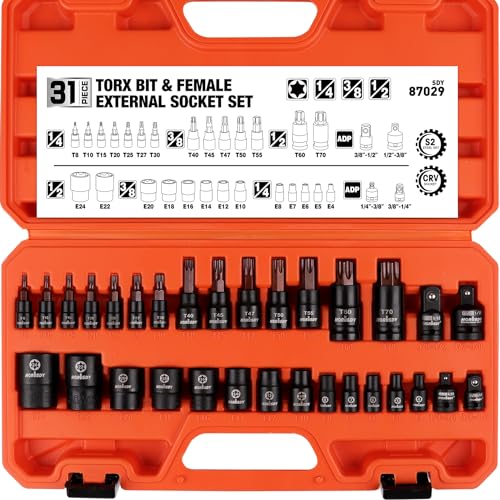 HORUSDY 31Pcs Torx Bit Socket Set,14 Star Bits (T8-T70) and 12 Female E-Torx Sockets (E4-E24), 4 Impact Socket Adapter Set with High Torque Laser Marked for Automotive Mechanic - style: 31PC Torx/Star Set
