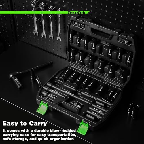 TecoTek 1/2" Drive Deep Impact Socket Set, 38-Piece Socket Set SAE 3/8 to 1-1/4 inch and Metric 10-32mm Size, Includes Extension Bars, Universal Joint, Adapter and Ratchet Handle, 6 Point, Cr-V Steel - size: 1/2" Drive 38pcs Impact Socket Set