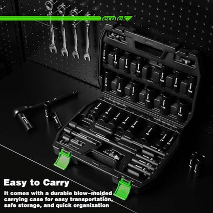 TecoTek 1/2" Drive Deep Impact Socket Set, 38-Piece Socket Set SAE 3/8 to 1-1/4 inch and Metric 10-32mm Size, Includes Extension Bars, Universal Joint, Adapter and Ratchet Handle, 6 Point, Cr-V Steel - size: 1/2" Drive 38pcs Impact Socket Set