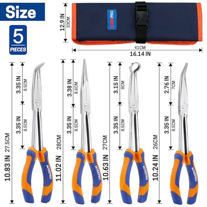 4 PCS 11 Inch Long Reach Pliers Set with Handle, Extra Long Needle Nose Pliers Set with Straight, 45°, 90° Bent Needle Nose and Circle Nose for Narrow Spaces - size: 11 Inch - 4 PCS