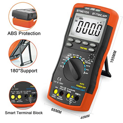 BTMETER Digital Multimeter, Handheld TRMS 6000 Multi Meter Auto Range Voltmeter Ammeter Measure AC DC Volt Amp Ohm Continuity Capacitance Frequency Diode hFE Transistor Temp 770HC-APP - color: 6000 Counts Multimeter Logger 770HCAPP