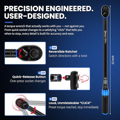 13-Piece 1/2” Drive Torque Wrench & Socket Set, 30-270 FT-LB (40-366 Nm), with Breaker Bar & Extensions, Complete Kit for Tire Repair, Car & Truck Maintenance - Gift for Dad, Husband - size: 13PCS Set