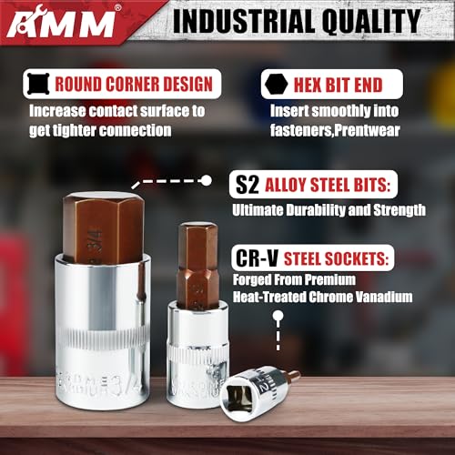 AMM 38PCS Master Allen Socket Set，SAE and Metric Hex Bit Socket Set，1/4"， 3/8"，1/2" Drive，H1.5 ~ H19 & H1/16 ~ H3/4，3/8" Ratchet，Extension Bar and Socket Adapters
