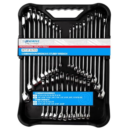 32-Piece SAE & Metric Combination Wrench Set – Standard & Stubby Wrenches, Chrome Vanadium Steel, 12-Point Box End, Mirror Chrome Finish with Organizer Tray for Automotive & Home Repair