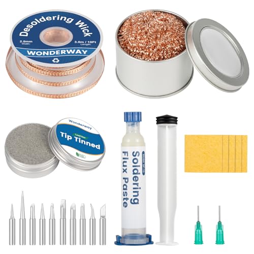 Tip Cleaning Kit, Solder Wick, Solder Iron Tip, Brass Cleaning Wire,Soldering Tip Cleaner, Cleaning Sponge & Solder Flux, Supplied By Wonderway (SWK-001) - color: Swk-001