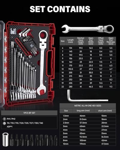 ROTATION 32 Piece Metric Flex-Head Ratcheting Wrench Set, 6-22mm Combination Ratcheting Wrenches with Hex Keys, Bits, and 1/4" Adapter, Chrome Vanadium Steel, Includes Storage Case - size: Metric