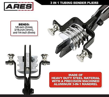 ARES 10024-3-in-1 Small Range Tubing Bender Pliers - Easily Make 90 Degree Bends in Brass, Copper, Steel, Stainless and Aluminum - Works for 1/8-Inch, 3/16-Inch, and 1/4-Inch Tubing - size: 3-in-1 Small Range Tubing Bender Pliers