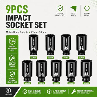 1/2'' 9 PCS Drive Impact Socket Set Metric,12point 27mm 29mm 30mm 32mm 33mm 34mm 35mm 36mm 38mm Socket,Axle Nut Sockets - size: 1/2 12point 9pcs socket set metric