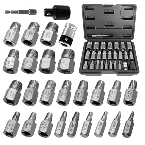 27PCS Upgraded Screw Extractor Set, Premium Cr-Mo Steel EZ Out | Hex Head Bolt Extractor Kit, Heavy Duty Multi-Spline Design for Removing Stripped, Rounded, Broken Screws & Studs