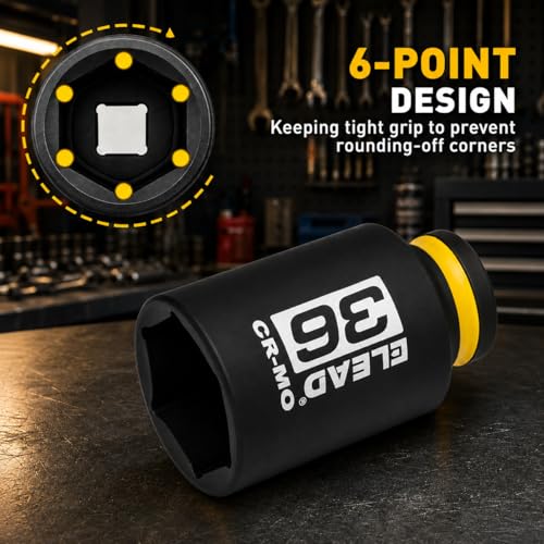 ELEAD 36mm Socket 1/2" Drive Deep Impact Socket, Metric 6 Point 1/2-inch Drive Impact Axle Nut Sockets, CR-MO Nut Socket Set, Oil Filter Sockets, Tools for Easy Removal of Axle Shaft Nuts