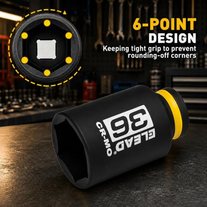ELEAD 36mm Socket 1/2" Drive Deep Impact Socket, Metric 6 Point 1/2-inch Drive Impact Axle Nut Sockets, CR-MO Nut Socket Set, Oil Filter Sockets, Tools for Easy Removal of Axle Shaft Nuts