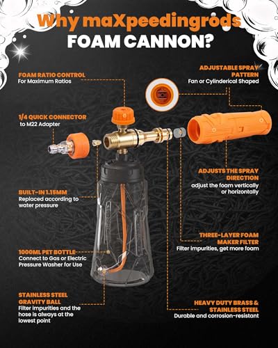 maXpeedingrods Foam Cannon for Pressure Washer, Quick Release Foam Cannon | Wide Mouth Car Wash Foam Gun with 360° Adjustable Soap Cannon, Thick Snow Foam, 1/4'' Quick Connector (Transparent)