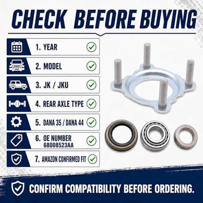 68008523AA Rear Axle Bearing Seal Kit for Jeep Wrangler JK 2007-2018 | Fits 2007-2018 Jeep Wrangler JK JKU Dana 35/44 Rear Axle
