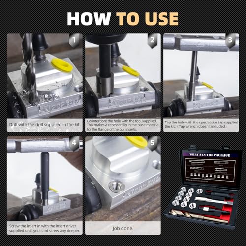 M14X1.5 Thread Repair Kit with Insert HSS Drill, Tap, Counterbore, Installation Driver,Tap Guides, Metric, 10PCS Stainless Steel Insert M14X1.5X 9.4MM