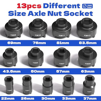 KJE 13PCS Spindle Nut Socket Set for Remove Ball Joints Axle Nut, Spanner Socket Set for KM Groove Nuts, 21.5mm-36mm-83.5mm, 4 Teeth Exterior with 1/2'' Drive, Compatible with GM, Ford, Dodge, GMC