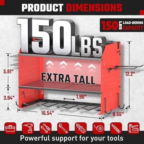 ZESEN Power Tool Organizer with Charging Station, Heavy Duty 3 Layer Drill Holder Wall Mount Garage Shelf Rack with 6 Outlet Power Strip, Tool Shelf with Hooks, Drill Bit Rack for Garage, Red - color: Red